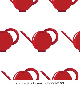 seamless pattern with watering cans namely a red watering can with a long straight spout on a white background for packaging or textile