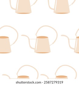 seamless pattern with watering cans, namely a yellow watering can with a long, curved spout on a white background, for packaging or textile