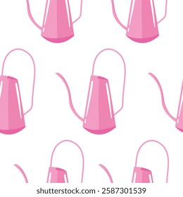 seamless pattern with watering cans, namely a pink watering can with a long, curved spout on a white background, for packaging or textile