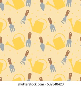 Seamless pattern with watering cans and tools for work in garden. Vector illustration.