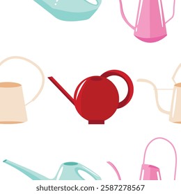 seamless pattern with watering cans of various shapes and colors on a white background, for packaging or textile