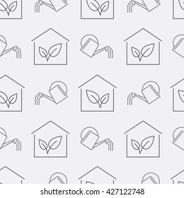Seamless pattern with watering-can and greenhouse. Glasshouse irrigation. Modern line design. 