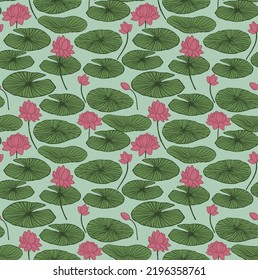 Seamless pattern of waterlilies or lotuses floating on blue water background and detailed lilly pads. Great for textiles, fashion, stationery, decor, wallpaper, invites, decorative, contemporary style