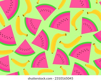 Seamless pattern with watermelon and banana. Pieces of watermelon with seeds. Tropical summer background. Wallpaper design, paper printing, promotional materials. Vector illustration
