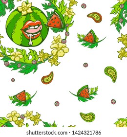 seamless pattern with watermelon berries leaves and flowers