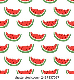 Patrón sin fisuras con rodaja de mordedura de sandía. Diseño de impresión de fruta de verano para postal, papel de embalaje, textil, Fondo de pantalla. Ilustración plana de Vector.