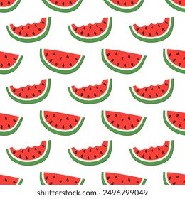 Seamless pattern with watermelon bite and slice. Summer fruit print design for postcard, wrapping paper, textile, wallpaper. Vector flat illustration.