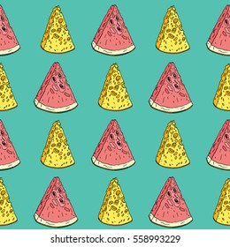 seamless pattern. watermelon and cheese. green background.