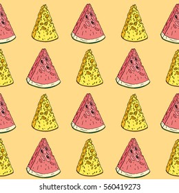 seamless pattern. watermelon and cheese. yellow background.