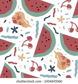 Seamless pattern with watermelon, cherry and abstract lines and shapes. Hand drawn vector illustration in paper cut style for food menu design