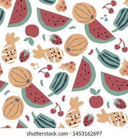 Seamless pattern with watermelon, cherry, apple, pineapple and abstract lines and shapes. Hand drawn vector illustration in paper cut style for food menu design