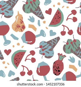 Seamless pattern with watermelon, cherry, ice cream, cocktail, pear, heart, pineapple and abstract lines and shapes. Hand drawn vector illustration in paper cut style for food menu design