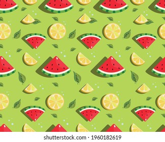seamless pattern with watermelon, citrus fruit lemon, whole and slices, with lemon leaves and flowers, bright colorful background for summer design, stylized vector graphics
