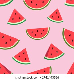 Seamless pattern with watermelon, color background. Bright summer design for postcards, holidays, decorations. Vector illustration. Pattern with fruit.