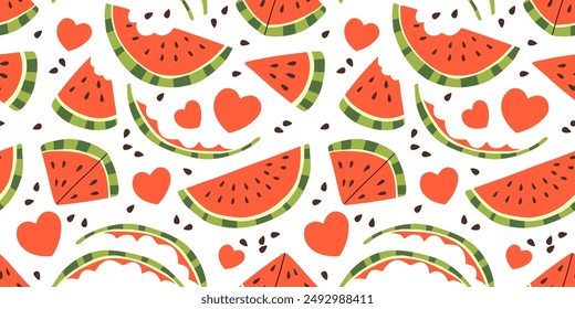 Seamless pattern with watermelon, color background. Bright summer design for postcards, holidays, decorations. Vector illustration. Pattern with fruit.