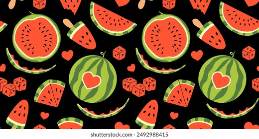 Nahtloses Muster mit Wassermelone, Farbhintergrund. Helles Sommerdesign für Postkarten, Feiertage, Dekorationen. Vektorillustration. Muster mit Früchten.