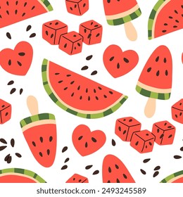 Seamless pattern with watermelon, color background. Bright summer design for postcards, holidays, decorations. Vector illustration. Pattern with fruit.