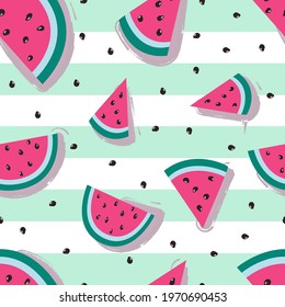 Seamless pattern with watermelon. Colorfull summer pattern for textile. Watermelon on the green stripes background.