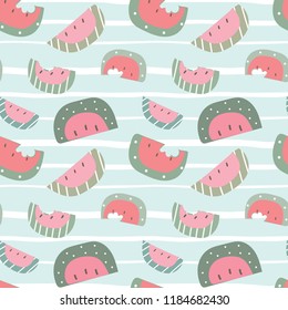 Seamless Pattern of Watermelon Design on Pastel Green Background with White Line