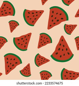 Patrón sin foco del estilo de doodle de sandía sobre fondo rojo claro.