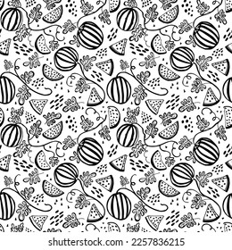 Seamless pattern with a watermelon in the doodle style. Drawn by ink. Вerries are scattered on the background. Монохромный креативный ботанический дизайн для обоев, оберточной бумаги, фона, ткани. 