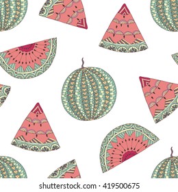 Seamless pattern with watermelon, draw in zentangle style. Vector background with watermelons.