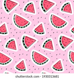 Seamless pattern with watermelon drawing on pink background.