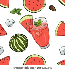 Seamless pattern with watermelon drink in glass Cup with ice and mint. Cocktail, watermelon, watermelon slices on white background. Colorful vector illustration in sketch style.