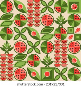 Seamless pattern with watermelon elements, various simple geometric shapes. Leaves, seeds, watermelon slices. Good for decoration of food package, cover design, decorative print, background. Vector