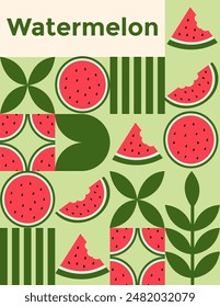 Seamless pattern with watermelon elements, various simple geometric shapes