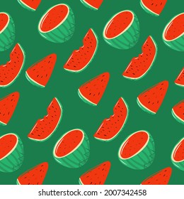 seamless pattern with watermelon elements, whole watermelon, half, quarter, watermelon slice, cute illustration, watermelon icon, cartoon style, modern simple style, juicy summer shades, vector set