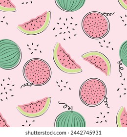 Seamless pattern with watermelon fruit in flat design. Fruit flat minimal vector illustration.
