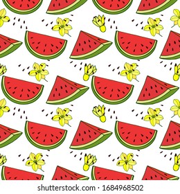 seamless pattern of watermelon fruit, pieces of watermelon, flowers. eps10 vector stock illustration. 