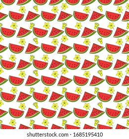 seamless pattern of watermelon fruit, pieces of watermelon, flowers. eps10 vector stock illustration. 