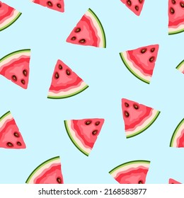 Seamless pattern with watermelon fruit slices on a blue background. Vector illustration