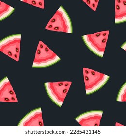Seamless pattern with watermelon fruit slices on a black background. Vector illustration