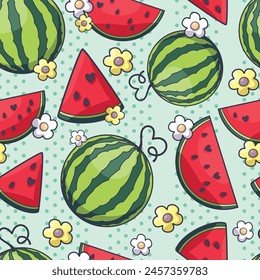 Seamless pattern of watermelon fruit and watermelon slices, Small flowers and polka dots. Pattern for fabric and wrapping paper, Pattern for design wallpaper and fashion prints.