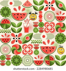 Seamless pattern with watermelon geometic elements, emoji, halftone shapes. Good for decoration of food package, cover design, decorative print, background