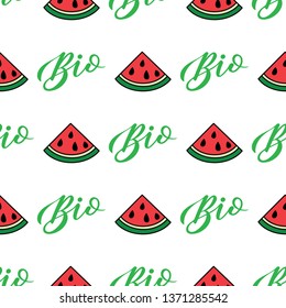 Seamless pattern with watermelon and green Bio sign. Farm background or texture for wrapping paper, menu etc.