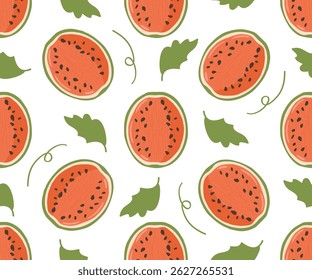 Seamless pattern of watermelon halves with pits and green leaves. Vector background for fresh organic fruits, packaging design for summer goods, textiles, prints, clothing, covers.