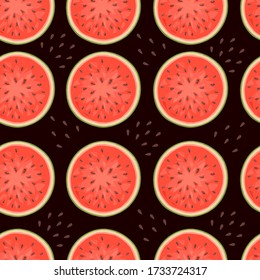 Patrón sin foco de las mitades de sandía de la sandía con semillas ilustración vectorial plana sobre fondo marrón