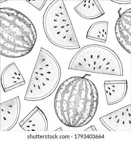 Seamless pattern with watermelon. Hand drawn sketch. Black and white style illustration. Vector illustration. Watermelon slice.