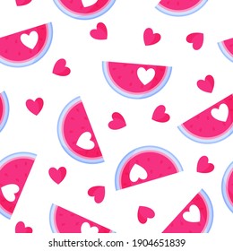 Seamless pattern of watermelon with heart for the wedding or Valentine's Day. Cartoon vector isolated design for wallpaper, wrapping paper, textile, etc.