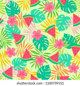 Seamless pattern of watermelon, hibiscus, tropical leaf with green background