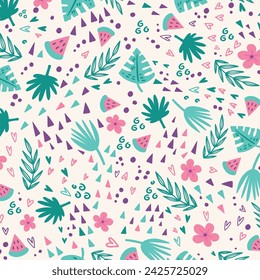 Seamless pattern of watermelon, hibiscus, tropical leaf with green background.