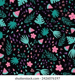 Seamless pattern of watermelon, hibiscus, tropical leaf with green background.