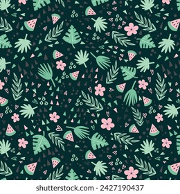 Seamless pattern of watermelon, hibiscus, tropical leaf with green background.