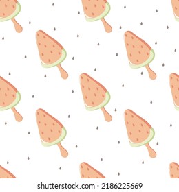Seamless pattern with watermelon ice cream. Ideal for fabric, printing, wrapping, decoration. Frozen juice. Sweet dessert. Vector illustration