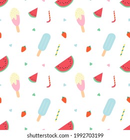 Seamless pattern with watermelon, ice-cream, strawberry, cocktail tubes on white background. Summer pattern. Flat organic style. For prints, backgrounds, wrapping paper, textile, wallpaper, etc. 