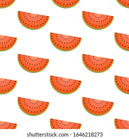 Seamless pattern with watermelon isolated on white background. Flat ornament with slices of watermelon. Template for fabric, wrapper, banners. Vector 3d illustration